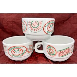 Vintage Italian Phrase Ceramic Espresso Cappuccino Cups Set Of 3 Made In Brazil